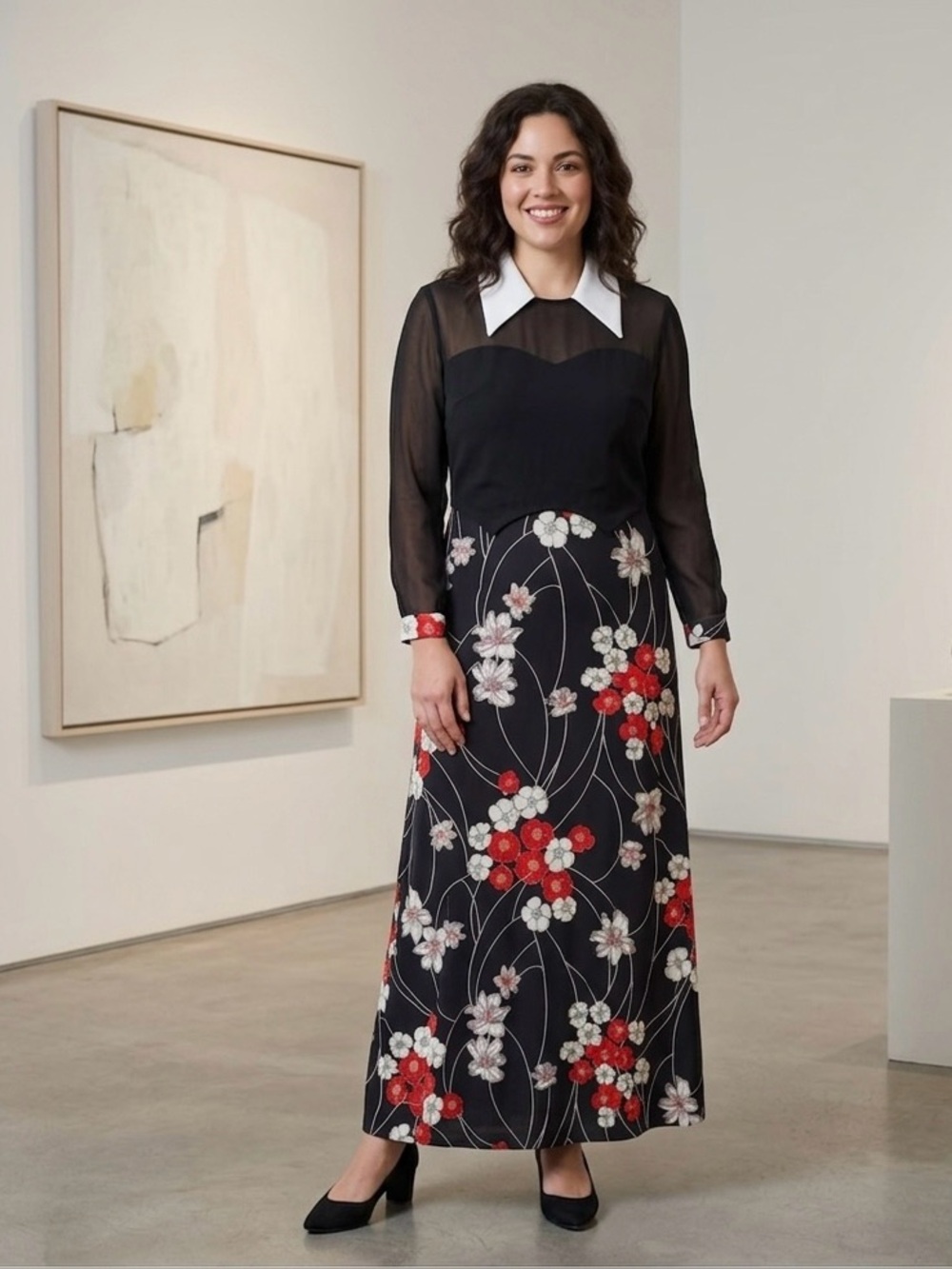 Cay Artley Floral Black and Red Excellent Shape Vintage Maxi Dress Size 14